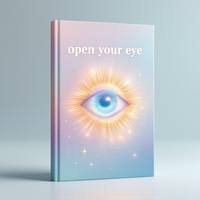 The cover features a serene, lightly colored background gradient transitioning from a pale lavender at the top to a soft pastel blue at the bottom. Centered is an abstract illustration of an eye that appears to be open, radiating gentle waves of colors like a kaleidoscope effect. Surrounding the eye are subtle, sparkling stars and light trails representing the universe and manifesting positive energy. Light emanates from the center of the eye, giving a sense of lightness and calm.