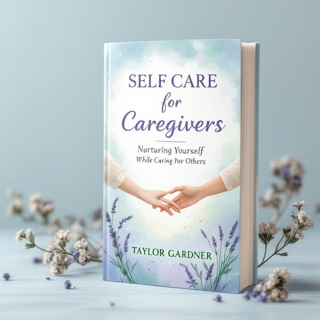 A serene background featuring soft pastel hues of blue and green, with subtle watercolor textures creating a calming effect. In the foreground, a delicate illustration of a caregiver gently holding hands with another person, surrounded by a halo of soft light. Small botanical elements like lavender sprigs add to the sense of tranquility and self-care.