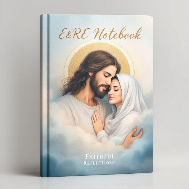 A serene illustration of Jesus and Mary, depicted with soft, ethereal swathes of clouds and a golden halo glow surrounding them. The backdrop features a subtle, watercolor-style merging of blues and whites that resemble a heavenly aura.