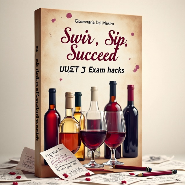 A cluster of wine bottles and glasses of varying shapes create a semi-circle at the bottom of the cover, partly filled with rich red and white wines. Among them, scattered papers with visible scribbled notes and small sketches form a playful contrast. Pencils are casually placed across the papers, adding an element of study and preparation. A light background with a soft texture mimics the look of aged paper, giving a classic touch.