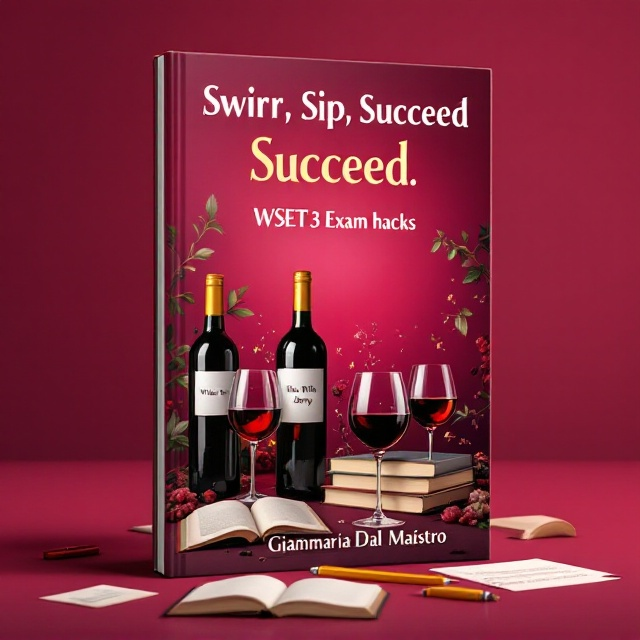 The cover features a vibrant and elegant scene with a ruby background. In the foreground, different wine glasses and bottles are artfully arranged. A couple of wine bottles bear the label "Wine With Jerry." Scattered notes, open books, and pencils surround the glasses and bottles, symbolizing the study and exam theme. The overall composition is balanced and suggests an enjoyable yet ambitious study atmosphere.