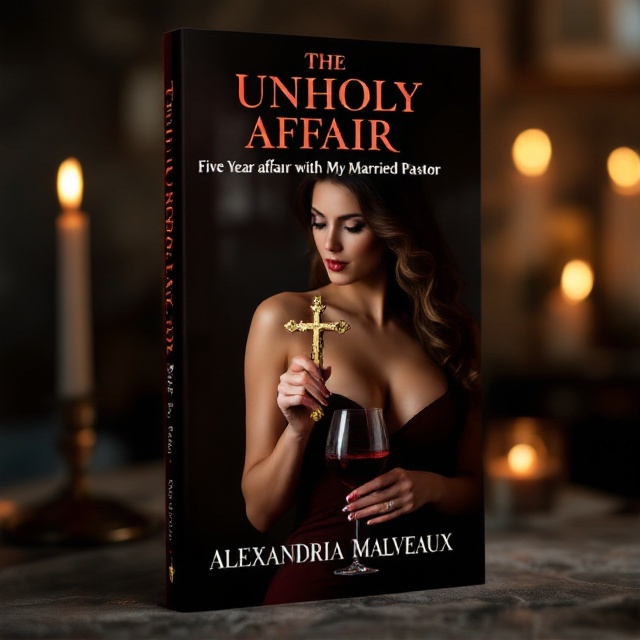 A sensuous woman in an elegant dress, partially turned away from the viewer, holding a crucifix prominently in one hand. Her other hand elegantly holds a glass of wine with deep red liquid. The background is a subtle blend of dark, warm colors, suggesting a confessional atmosphere, lit by the soft glow of candlelight to enhance the themes of passion and forbidden desire.