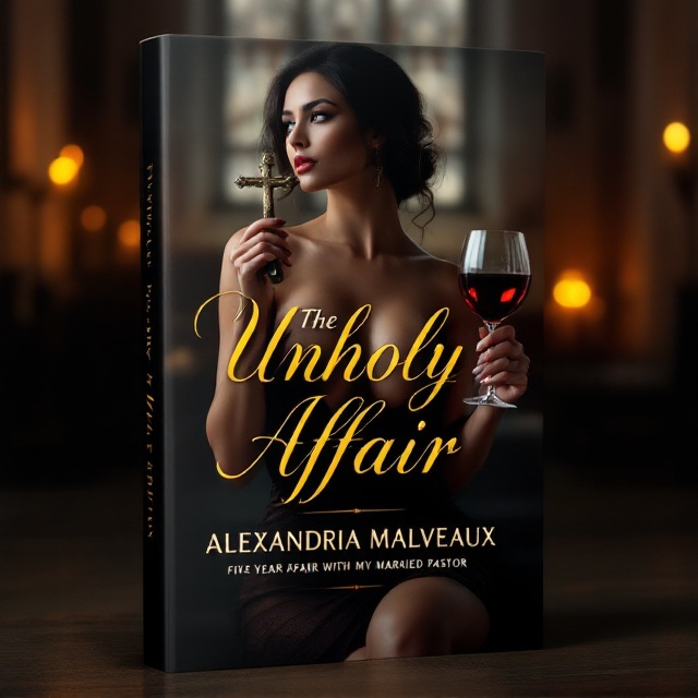 A sultry, elegant woman is seen holding a crucifix in one hand and a glass of wine in the other. Her figure is partially shrouded in shadows, emphasizing her beauty and adding an air of mystery. The background features the dimly lit interior of a church, with muted candlelight providing a warm glow.