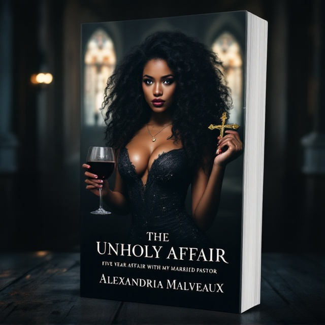 A sultry, mixed-race woman with dark curly flowing hair stands in a dimly lit room, holding a crucifix in one hand and a glass of wine in the other. Her posture is confident, exuding forbidden passion and sensuality. The background features the faint outline of a church, suggesting the secretive and controversial nature of the affair.