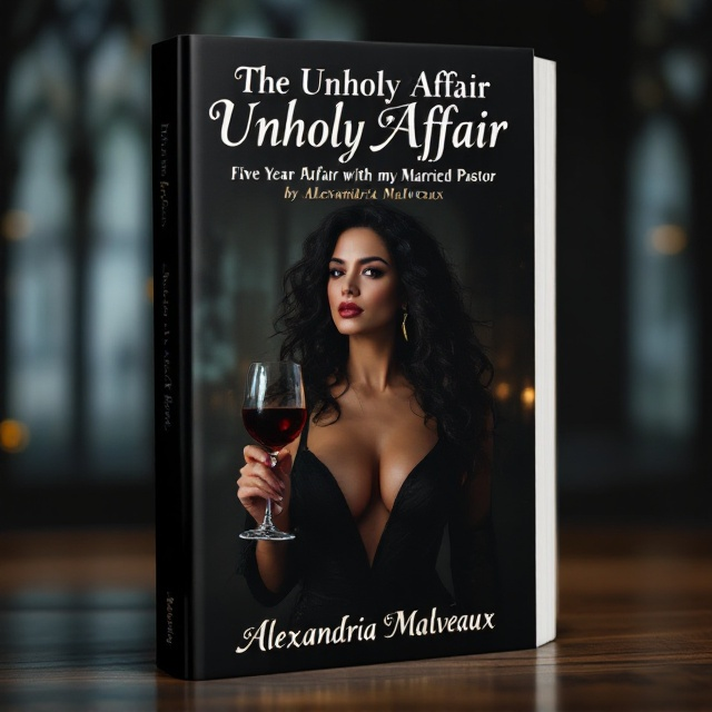 A sexy woman with an olive complexion, dark flowing curly hair, similar to Selma Hayek, stands in a dimly lit background. She holds a crucifix in one hand and a glass of wine in the other, with a seductive expression. Behind her is the faint silhouette of a church window.