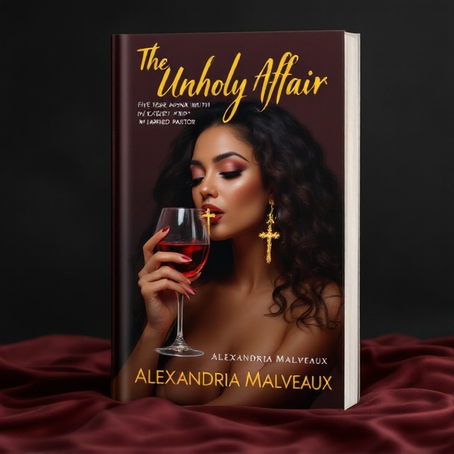A captivating image of a sultry woman with an olive complexion and long, dark, curly hair flows across the cover. She holds a gold crucifix delicately to her lips while gazing seductively, and in her other hand, she clutches an elegantly designed wine glass half-filled with rich red wine. The background is a soft, velvety deep burgundy that enhances the themes of passion and desire.
