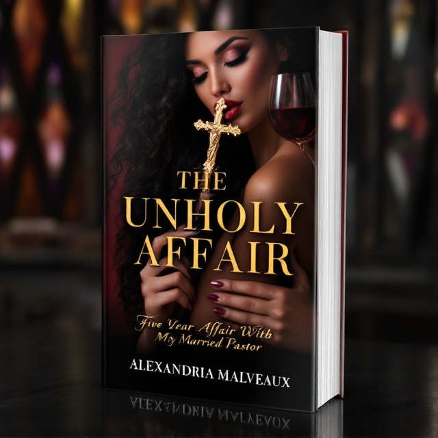 A striking portrayal of a sultry woman with an olive complexion and long, dark, curly hair. She is depicted with a gold crucifix held delicately to her lips, on the verge of a kiss, while simultaneously holding a half-filled, elegantly shaped wine glass in the other hand. The backdrop is a blend of deep red and black tones, symbolizing both passion and secrecy. Subtle hints of stained-glass reflections are faintly visible in the background, adding a touch of the ecclesiastical.