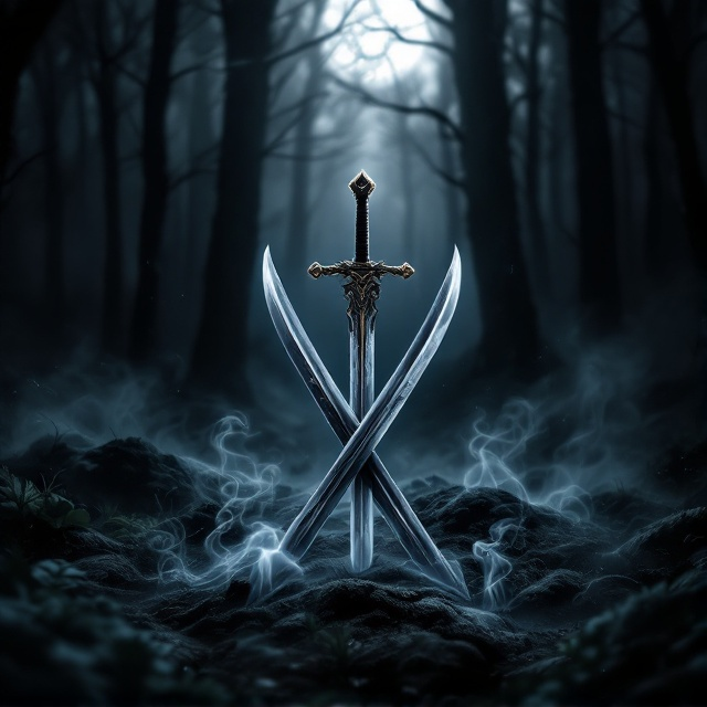 The cover features a dark, mystical forest shrouded in shadows. In the foreground, two crossed swords are partially illuminated by a sliver of moonlight, casting mysterious shadows. Around the swords, ghostly animal forms, like wisps of smoke, intertwine and emerge from the shadows, suggesting transformation and mystery.