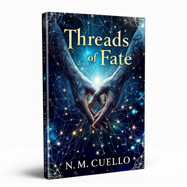 A pair of intertwined hands, one male and one female, adorned with intricate ink tattoos, stretch across the cover. Delicate threads extend from their fingers, weaving into complex patterns that form a mesmerized backdrop. Scattered among the threads are small, glowing stones that illuminate the dark, moody background. The color palette includes deep blues, purples, and flashes of warm gold.