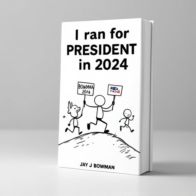 The cover features a dynamic stick-figure drawing in black and white. At the center, a stick figure with a determined expression is running uphill, holding a sign that reads "BOWMAN 2024". Behind, two other stick figures—one with an elephant head and the other with a donkey head—are chasing the main figure while holding signs representing the major political parties, Democratic and Republican.