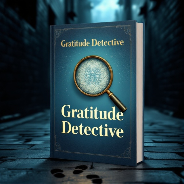 The cover features a shaded alleyway with a soft gradient transitioning from midnight blue to charcoal. Footprints trail subtly down the path, leading to a large magnifying glass in gold, hovering mid-page, revealing intricate patterns within the lens. Shadowy outlines of detective hats appear in the background, slightly obscured to create depth and intrigue.