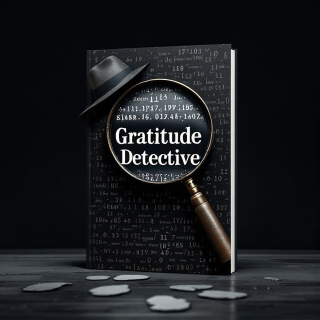 A sleek, dark background with subtle shadow effects, creating an atmosphere of mystery. At the center is a large, vintage-style magnifying glass focusing on a hidden, faintly visible word "Gratitude" amidst a sea of cryptic symbols and numbers. Smudged footprints trail across the bottom edge, leading from the lower left corner to the right. A detective hat with a shadowy silhouette partially overlays the magnifying glass, casting an aura of enigma.