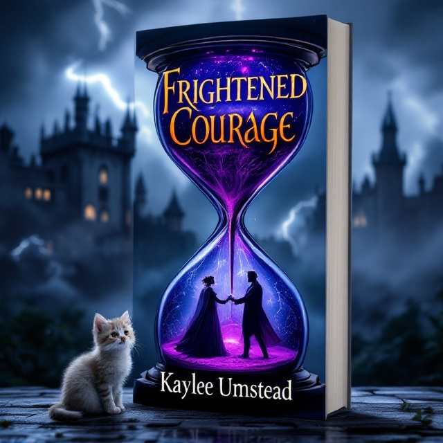 A dark, stormy background with lightning illuminating a grand, ominous castle in the distance. In the foreground, a large, Gothic hourglass stands, with purple liquid slowly dripping from the top. Reflected in the glass, a king enrobed in regal attire dances elegantly with a sinister-looking jester, whose smile hints at mischief. A small, delicate kitten sits at the edge, contrasting the dark mood.