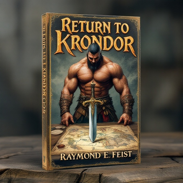 A fierce-looking barbarian with muscular build stands in a dynamic pose on the front cover. He is holding a large, ornate dagger plunged into a map spread on a wooden table, with the word "Krondor" clearly visible on the map.