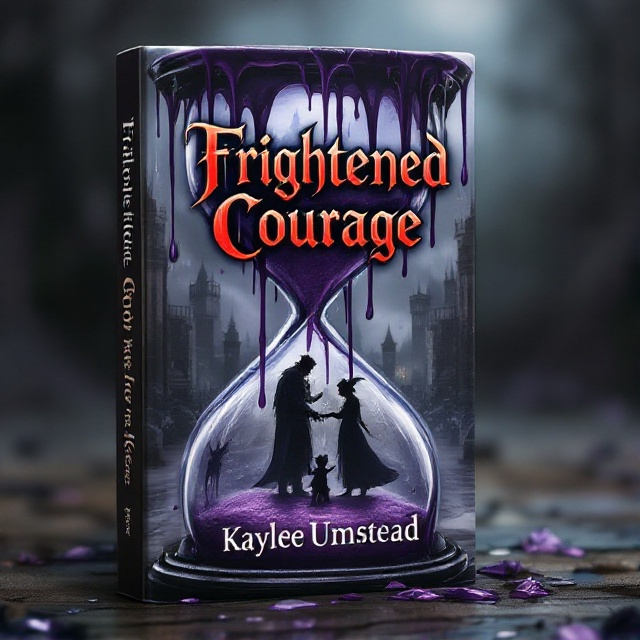The cover features an hourglass prominently in the center, with thick, purple poison dripping down from the top, partially obscuring the glass. Within the hourglass reflection, an abusive king is shown dancing with his son inside a grand, eerie castle. Shadows encircle the scene, hinting at the elements of afterlife and mystery. A sinister jester lurks in the background, with a black kitten at his feet.