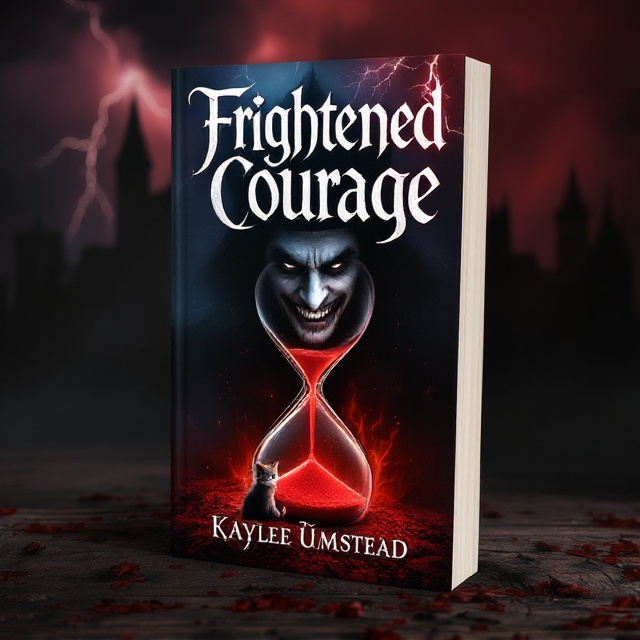 A dark red castle looms in the background enveloped in shadow. Lightning cracks across a stormy sky, illuminating the foreboding scene. An hourglass in the foreground reflects the image of a sinister jester, his grin unsettling. Above him, a king with a troubled yet sinister smile looks down at his jester. Amidst the dark hues, a small, enigmatic kitten sits beside the hourglass, exuding an eerie presence.