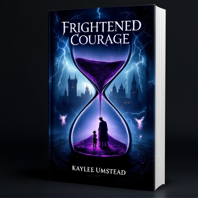 standing book mockup, Its title is "Frightened Courage". Its author name is Kaylee Umstead.  The cover features a dark, stormy sky with bolts of lightning illuminating a grand, ominous castle in the background. Centered within the hourglass in mid-ground, the silhouette of a regal king looks down at a cowering, traumatized jester. The top of the hourglass is dripping purple liquid down over the jester, creating a sense of dread. Flanking the hourglass on each side are faint, ghostly images of angels and shadows of death with a subtle image of a kitten near the bottom to add a layer of intrigue. The title "Frightened Courage" is in a bold, gothic font with jagged edges to portray a sense of unease. The author's name, Kaylee Umstead, is in an elegant serif font to contrast the title and add a touch of class., The king and jester in the hourglass are central elements with the castle in the background. The title is displayed at the top with the author’s name at the bottom. Lightning bolts frame the sides, leading the eyes toward the central imagery.