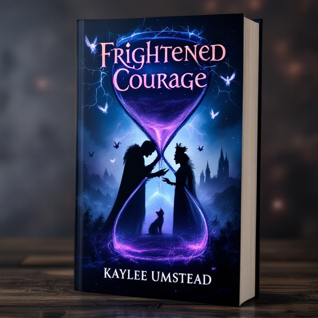 The cover features a silhouetted King affectionately stroking a Jester, both figures reflected upside down in a mystically shaped hourglass. The hourglass is positioned centrally and is partially filled with a glowing purple liquid that drips dramatically from the top. Behind this central scene, a lightning storm brews across the top of the cover, illuminating a distant, ominous castle. Angelic figures with ghostly wings hover in the periphery, blending into the dark stormy sky. Near the bottom, a seemingly innocent kitten is perched and subtly cast in shadow, accentuating a mysterious vibe.