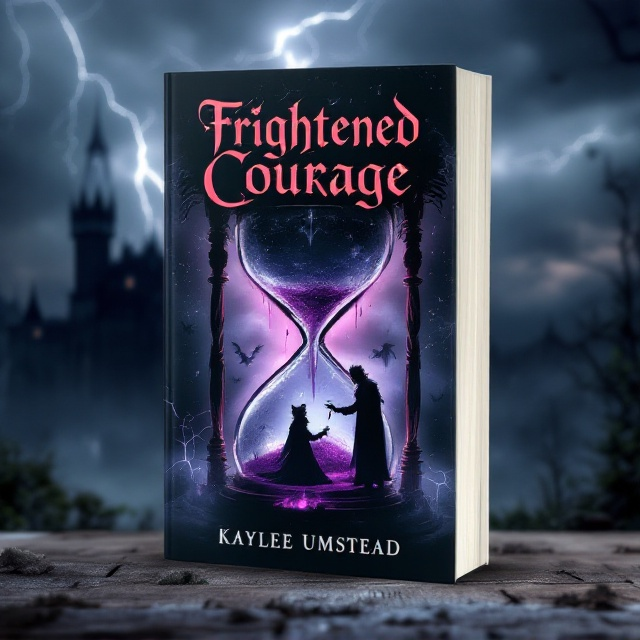 The cover features a dark, stormy sky with sharp lightning bolts illuminating a foreboding castle in the background. An ethereal silhouette of a King stroking a Jester unfolds within the confines of an hourglass at the center. The hourglass is embedded within misty shadows as purple poison intriguingly drips from the top. Mysterious figures of angels and hints of death add depth to the intrigue. A small, dilapidated platform is occupied by a lonely kitten looking curiously into the chaotic scene. The overall color palette is dominated by intense reds with hints of purples and deep shadows.