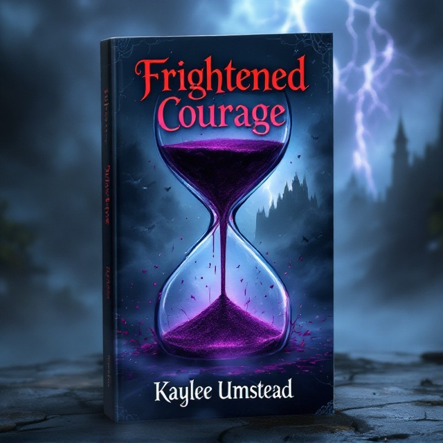A dark, stormy backdrop with a castle partially hidden by swirling mists. Central to the image is an hourglass, where the reflections of a bat-winged king tenderly kissing his young son are visible. Purple poison drips menacingly from the top half of the hourglass. In the background, the faint outline of a jester is visible, holding a kitten. Strikes of lightning illuminate the sky, revealing fleeting glimpses of angels hovering around hints of death and decay.