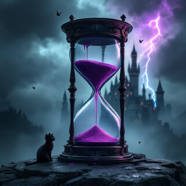 A dark, stormy sky looms above a mysterious, towering castle veiled in mist at the background. In the foreground, a large, ornate hourglass is prominently positioned, with reflections of a bat-winged king tenderly kissing his young son seen in its glass. Violet poison ominously drips from the top half of the hourglass. To one side, a mysterious jester with a sinister smile is discreetly pictured, and small angels with mournful expressions hover in the storm clouds. A flash of brilliant lightning illuminates a lone black kitten standing defiantly on a turret of the castle.
