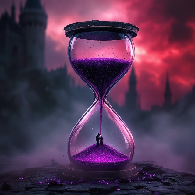 A dark, red-tinged sky covers the background, with a looming castle partially obscured by thick, swirling mists. At the center, an hourglass is prominently displayed. Within the reflective glass chambers of the hourglass, a demon king tenderly kisses and strokes his young son. Ominous, purple poison drips with a menacing allure from the top half of the hourglass, creating tension and unease.