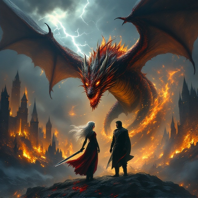 A dark, stormy sky with lightning illuminating the silhouettes of destroyed castles and burning forests. A large, fierce dragon with red and gold scales is flying overhead, wings spread wide. Below the dragon stands a brave young woman with long white hair and glowing ember-like eyes, wielding a sword, and an older young man with dark hair and piercing green eyes standing protectively beside her. Blood stains their clothes and the ground around them. The background is shrouded in a dense fog.