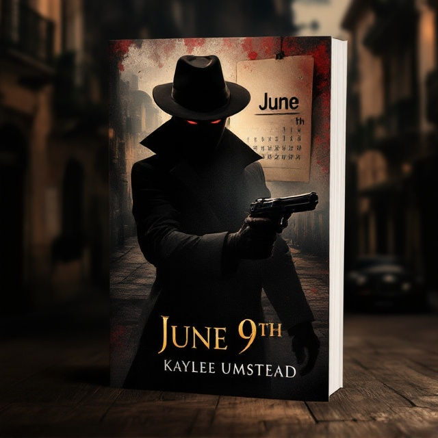 The cover features a shadowy silhouette of a masked figure in the foreground, holding a visible but subtly depicted gun. In the background, there's a faded image of an old Italian street, with an oversized wall calendar page showing "June 9th" prominently displayed. The overall color scheme is composed of dark tones—deep reds, black, and muted golds—to evoke a brooding and ominous mood. The Mafia influence is highlighted through subtle details like a faint outline of a classic Mafia-style fedora and a vintage car hinting at the era.