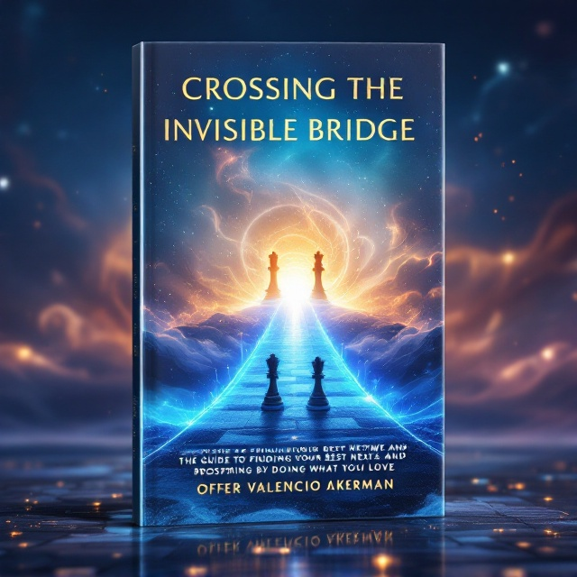 A glowing, ethereal bridge that appears to hover above a serene, yet powerful landscape. On either side of the bridge, majestic chess figures of a king and queen stand tall, surrounded by a soft, magical aura. Behind them, the sky transitions from dusk to dawn, filled with enchanting swirls and bestseller colors in shades of deep blue, gold, and purple.