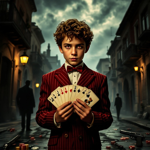 A dark, stormy sky looms over a dimly lit Italian street in the 1960s. The young Italian boy with curly hair, olive skin, and haunting red eyes stands in the center, wearing a red pinstripe suit. He holds a fanned-out deck of cards with spades facing outward in his hands. A faded calendar showing June 9th appears in the background, while subtle imagery of a gun and gambling elements like dice and poker chips are scattered around him. The silhouette of a mafia figure lurks in an alleyway.