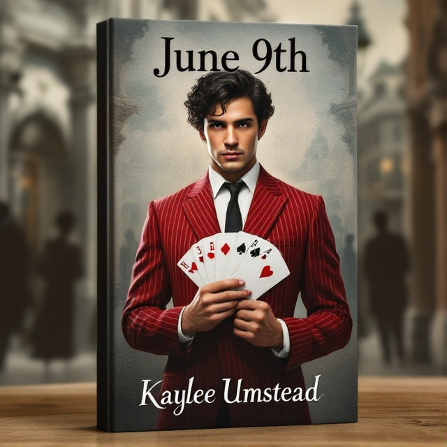A young Italian man with black curly hair, olive skin, and red eyes stands confidently in the center of the cover. He is wearing a red pinstripe suit and holding a fan of cards with spades on them. In the background, there are shadowy figures and classic 1960s Italian architecture. A calendar displaying the date "June 9th" is subtly integrated into the background design.
