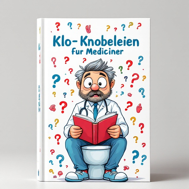 A playful illustration of a doctor sitting on a toilet reading a book with a surprised expression. The background features colorful anatomical drawings mixed with question marks.