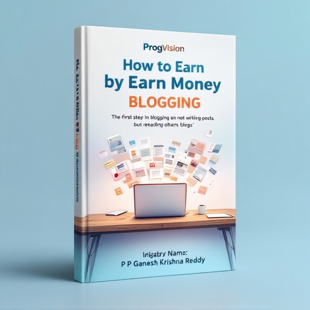 An illustration of an open laptop on a wooden desk at the center of the cover, with blog pages and text snippets spilling out like holograms. The background is a light gradient blending from white at the top to light blue at the bottom. Around the edges, faint images of various blogs are overlaid. The mood is inspiring and optimistic.