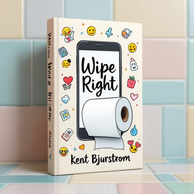 A whimsical toilet paper roll shaped like a smartphone, with a prominent "swipe right" option displayed on its "screen." Various joyful emojis and bathroom-themed graphics surround the central image, creating a lively and humorous vibe. The background is a playful mix of bathroom tiles in pastel colors.