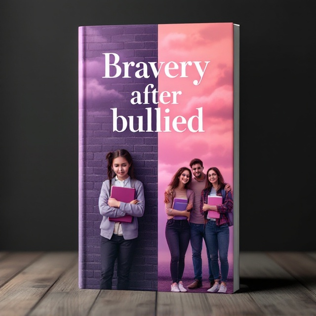 [Lily standing on the left side of the cover beside a brick wall, holding her books close to her chest, looking sad and wearing a school uniform. On the right side of the wall, the same Lily is shown smiling and standing confidently with her two friends. The background includes soft, fluffy clouds above. The overall scene transitions smoothly from sad to happy, with the color grading changing from a darker purple on the left to a vibrant pink on the right.].