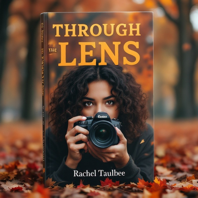 The cover features an up-close shot of a Puerto Rican 17-year-old girl with curly hair, holding a camera pointed directly at the viewer as if taking a picture. Her expression is a mix of curiosity and determination. Behind her, the background is a beautifully scenic park with tall trees, red, orange, and brown leaves falling, hinting at a cozy yet suspenseful autumn atmosphere in Rhode Island. The focus is sharp on the girl and her camera, with a slightly blurred backdrop to emphasize depth.