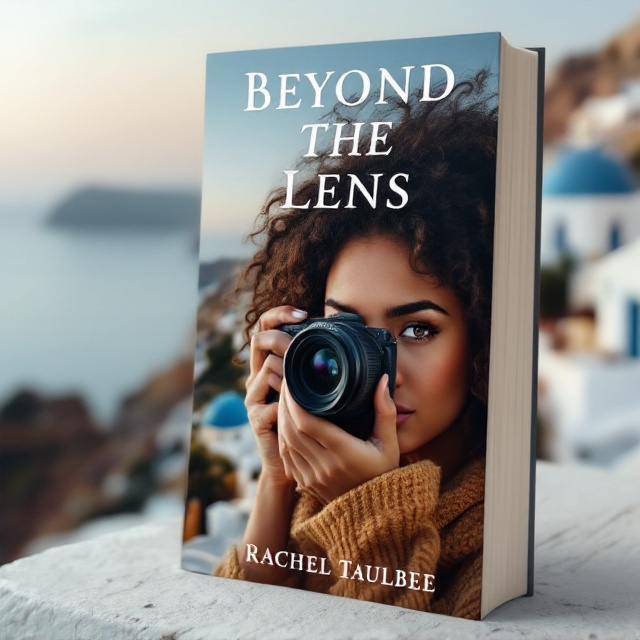 The cover showcases a picturesque Greek coastal town with white and blue buildings nested along cliffs, leading down to a serene blue sea. In the foreground, a close-up shot of a beautiful Puerto Rican girl with curly hair is seen, gazing through a camera lens, capturing the scenery. The late afternoon setting adds a touch of suspense with elongated shadows and warm hues.