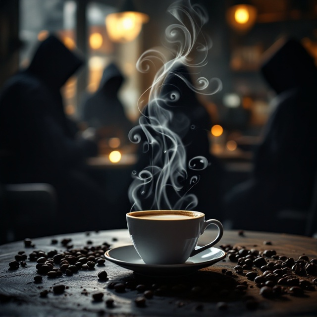 The cover showcases a dimly lit, cozy coffee shop at night. Shadows are strategically placed to create an aura of mystery and suspense. In the foreground, there's a steaming espresso cup, with wisps of steam curling into shapes that hint at secret symbols. The background reveals glimpses of shadowed figures in cloaks, suggestive of a secret society. Subtle, dark coffee beans and swirling coffee stains add texture and ambiance.