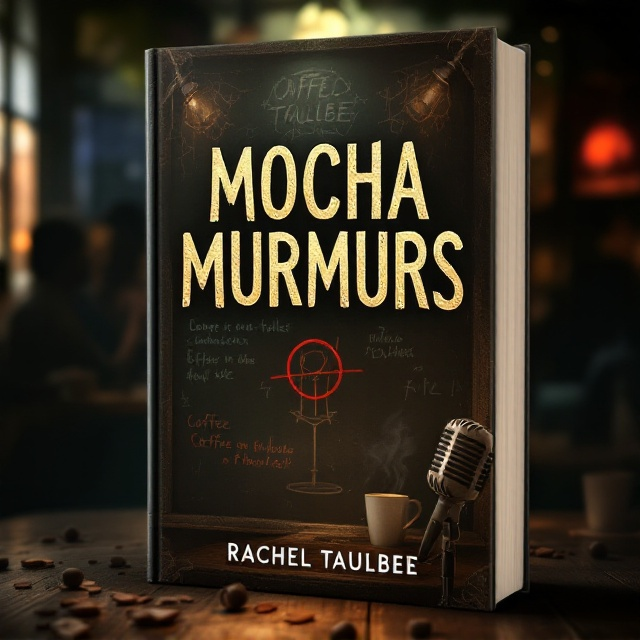 A dimly-lit coffee shop interior with scattered coffee cups, a microphone in the foreground, and faint shadows of people in the background. The ambiance is cozy but with an ominous undertone, with sepia tones to convey a sense of nostalgia and mystery. On the back wall, there’s a chalkboard menu with cryptic scribbles and a red circle drawn around one of the items.