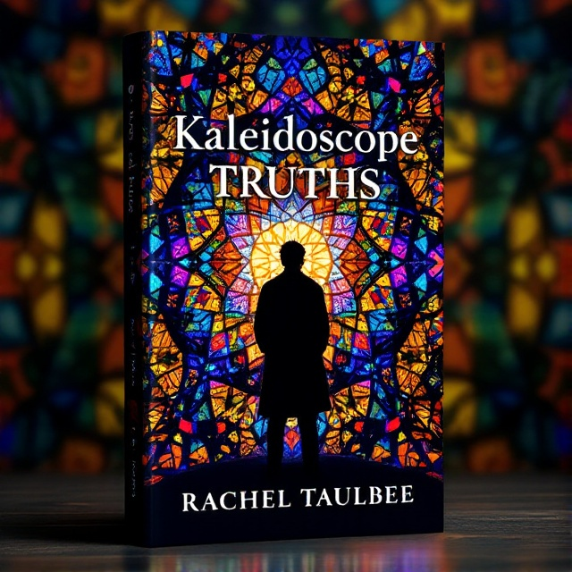 A mesmerizing mix of vibrant colors forming kaleidoscope patterns across the background, giving the impression of stained glass. In the center, a silhouette of a mysterious figure stands, casting a shadow that contrasts the colorful patterns. The edges have subtle shadows for a slightly worn, vintage effect.