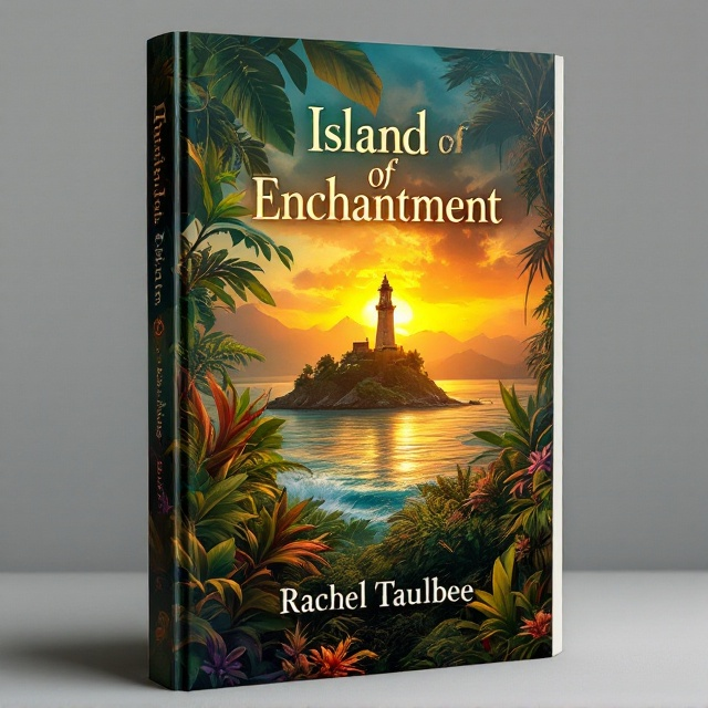 A lush, magical Puerto Rican island at sunset, with vibrant jungle foliage partially framing the scene. In the distance, an ancient and mysterious lighthouse stands slightly shrouded in mist, with subtle glows hinting at magic. Puerto Rican cultural elements like traditional masks or musical instruments can be subtly integrated into the foliage.