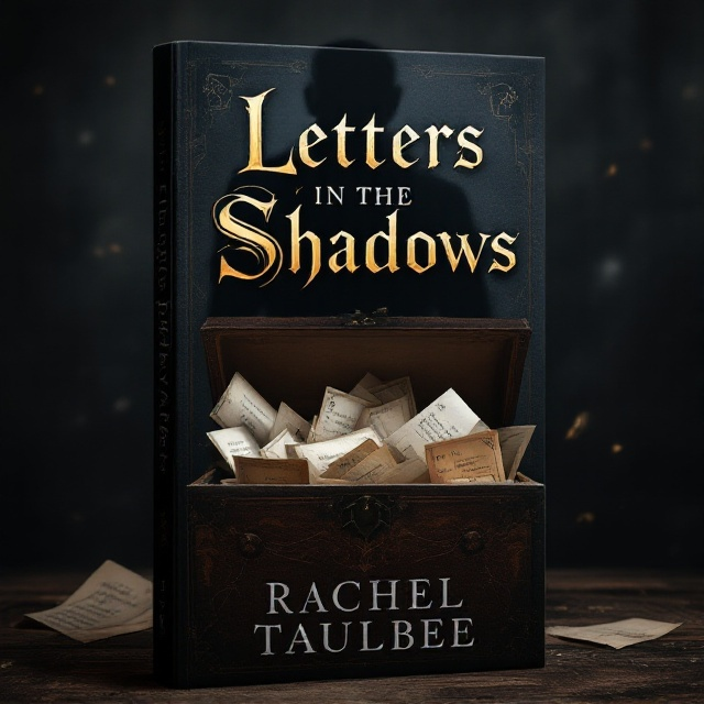 A shadowy background with dark shades, featuring an old, mysterious-looking box partially open with old love letters spilling out. Behind the box, a faint figure of a man, obscured by shadows, is seen at a distance, giving a cryptic smile. Subtle symbols indicating an underground society are woven into the background, barely noticeable but adding to the intrigue.