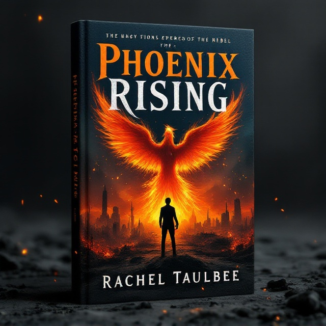 A dark, gritty landscape backdrop with a massive fiery phoenix rising from the ashes set against a city in ruins. A silhouette of a person (the rebel) stands defiantly in the foreground, with a prominent mark of rebellion on their arm, glowing faintly. Sparks and embers are scattered throughout the cover to heighten the suspense.
