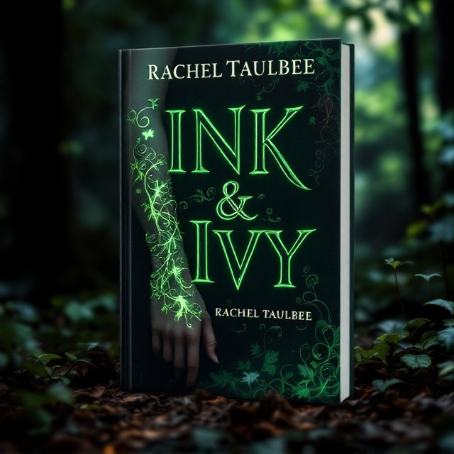 A close-up of a girl's arm with an intricate, strange tattoo in the form of swirling ivy leaves entwined with mysterious symbols. The tattoo glows softly, creating an enigmatic aura. The background is a dark forest, with dappled light seeping through the canopy, casting shadows that add depth and a sense of secrecy.