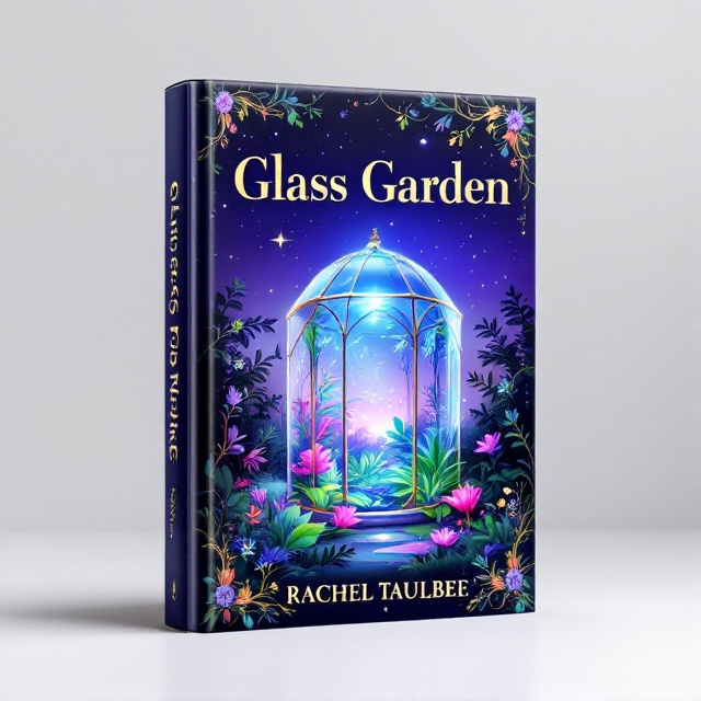 A glass enclosure filled with lush, vibrant, and ethereal plant life. There is a soft glow emanating from within, with a subtle hint of magical dust floating in the air. The background is a twilight sky with a gradient from purple to deep blue, highlighted by twinkling stars. Vines and flowers delicately frame the perimeter of the cover.