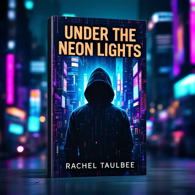 A dark, urban cityscape lit by glowing neon signs. In the foreground, a silhouette of a hacker in a hoodie, with an intricate digital pattern cascading over their form. Background includes towering skyscrapers with digital billboards. Color palette is dominated by electric blues, purples, and greens.
