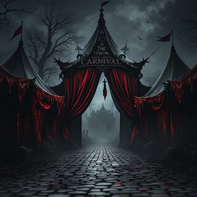 A dark, atmospheric scene of a mysterious carnival with deep crimson banners draped along the tent awnings. The entrance archway is ominously shaped, casting shadows onto a cobbled path. Shadowy figures lurk against the walls, blending slightly into the darkness, creating a sense of unease and intrigue. The background is veiled in shadowy greys, with subtle highlights of red to draw the viewer's eye.