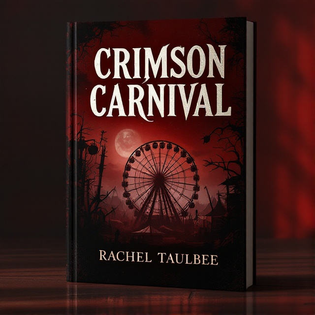 A dark, shadowy carnival scene is set in deep crimson hues. The cover includes towering carnival rides that fade into a misty, indeterminate background. Shadows play across the sides of carnival tents, creating ambiguous shapes. To the right, a single looming shadow is cast onto a vibrant crimson wall, hinting at an unseen presence.