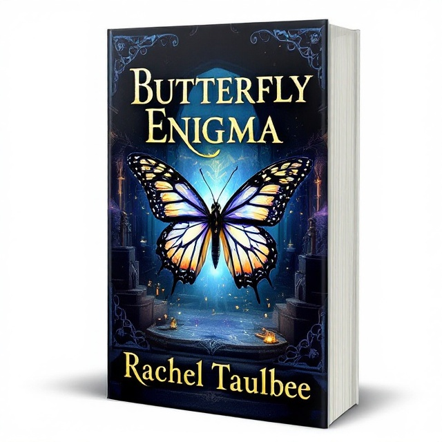 A captivating illustration of a unique butterfly with intricate designs on its wings dominates the center of the cover. The butterfly appears to be soaring out of an elegant, slightly shadowy museum background, with subtle artifacts visible around the edges. The color palette includes deep blues, rich purples, and hints of gold to evoke an air of mystery and intrigue.