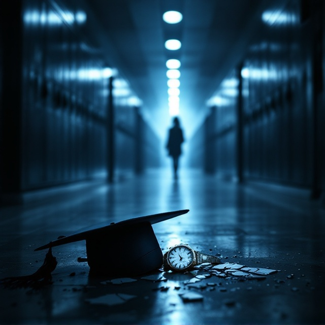A dimly-lit high school corridor stretched across the background, shrouded in shadows. In the foreground, a graduation cap lays slightly tilted on the floor, next to a partially open locker. A broken watch lies beside the cap, its shattered face glinting softly under the corridor lights. A silhouette of a student fades into the distance at the end of the corridor.